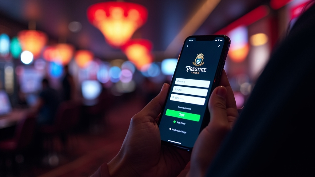 Person logging into Prestige Casino on a smartphone in a dark neon setting