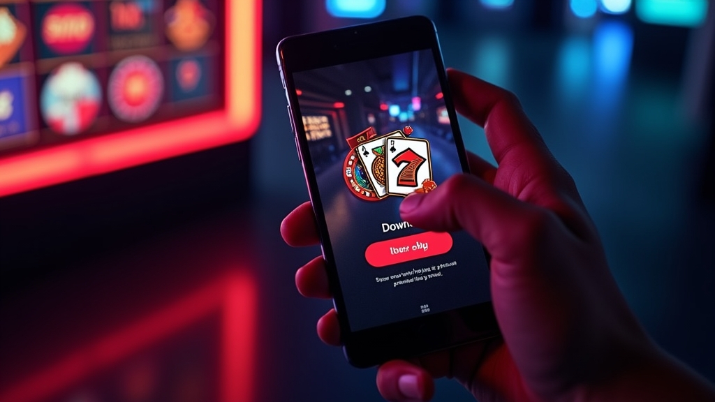A smartphone showing a casino app download screen in a dark neon-lit lounge