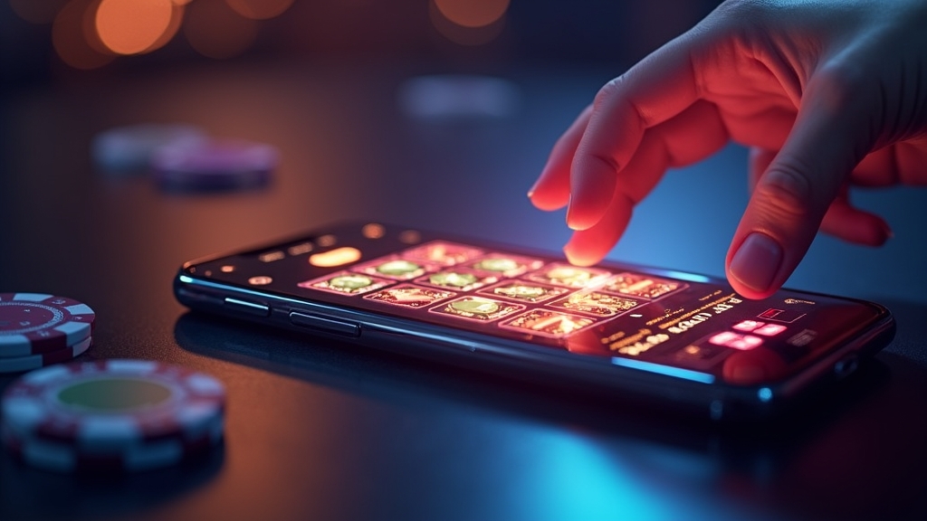 A smartphone casino lobby with game tiles and mobile features in a dark neon scene