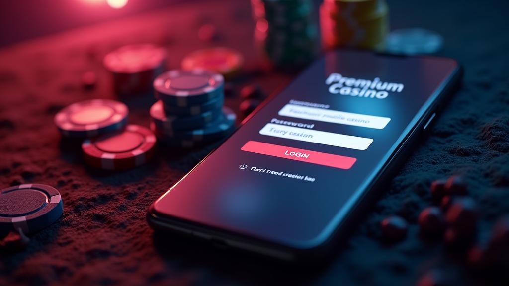 A smartphone login screen for a casino app with secure verification in a neon-lit setting