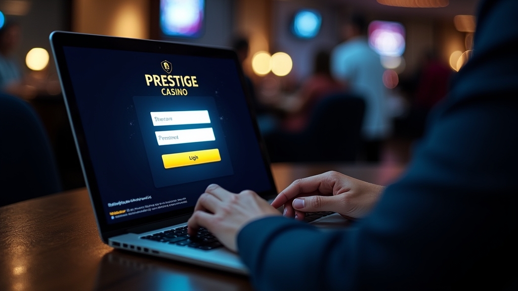 Player signing into Prestige Casino on a laptop in a dark casino lounge